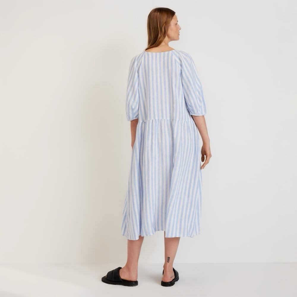 Everlane The Linen Oversized Puff Sleeve Midi Dress Striped Blue V-Neck Size XS - Picture 2 of 11